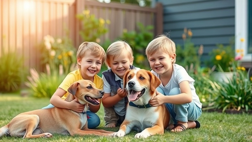 Happy older kids playing with their pets in the backyard.