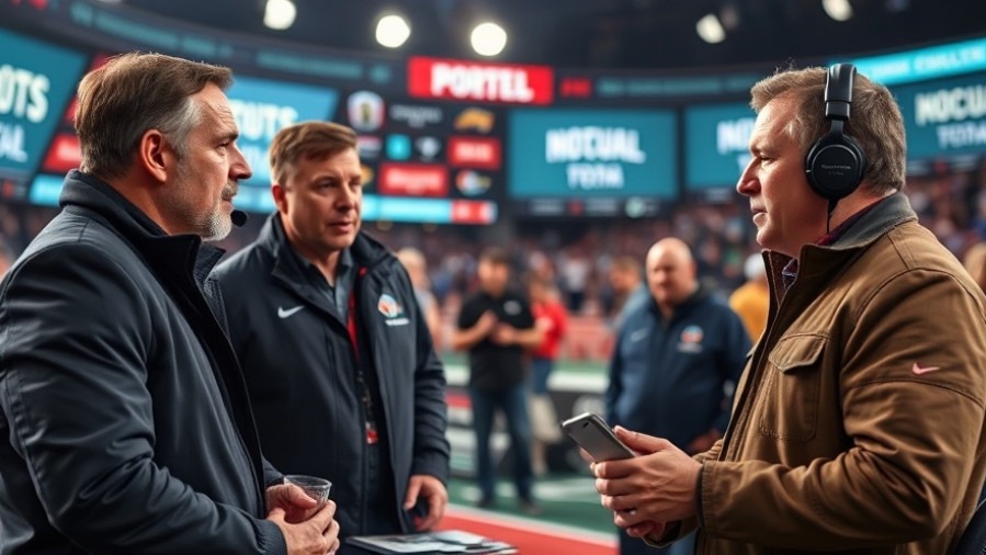 Cinematic scene of sports analysts discussing NCAA recruiting updates and SEC football news.