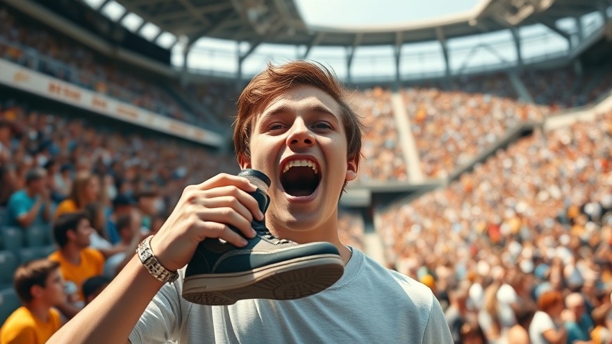 Young man performing the shoey tradition at a sports stadium, celebrating Australian culture.