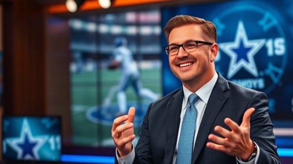 Man discussing sports, vibrant studio setting, Dallas Cowboys victory.