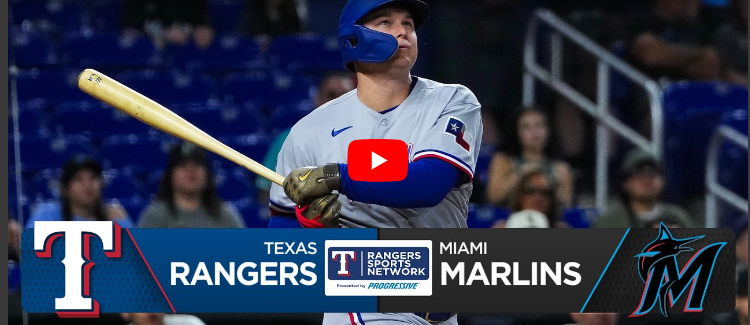 Rangers vs Marlins Game Recap: A player from the Texas Rangers swinging a bat.