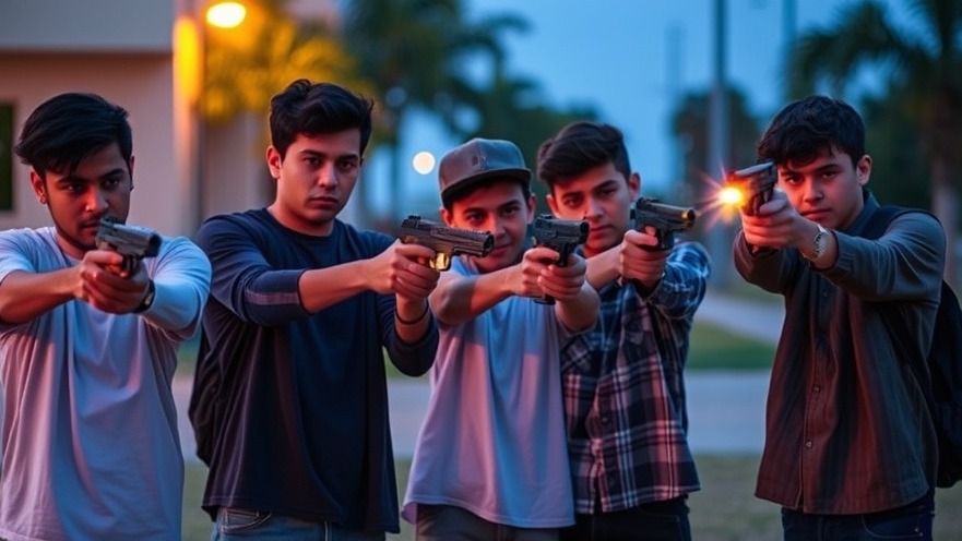 Evening scene of 5 Hispanic teens involved in Dallas crime news, shooting pistols.