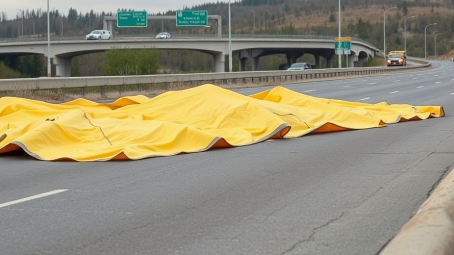 Crash site on highway with yellow tarps highlighting public health crisis and road safety efforts.