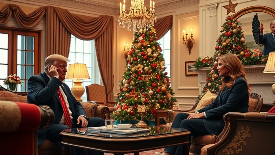 Trump and Melania on phones in a decorated living room, celebrating Christmas Eve NORAD tradition.