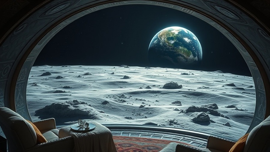 Luxury travel in space tourism: Moon hotel room view with Earth backdrop.
