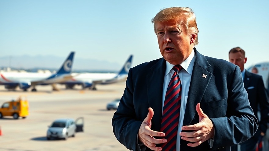 Trump discusses US foreign policy at the airport, surrounded by airplanes.