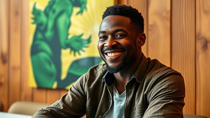 Smiling man in casual attire, wood panel backdrop, relaxed.