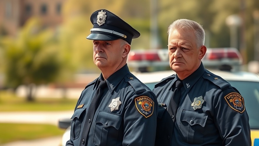 Two unhappy Austin police officers in uniform on a sunny day, patrol car blurred.