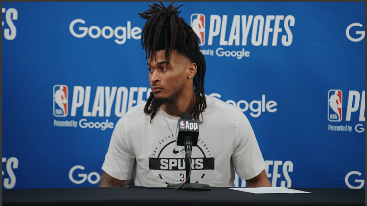 San Antonio Spurs players in action and at a press conference with crowd.