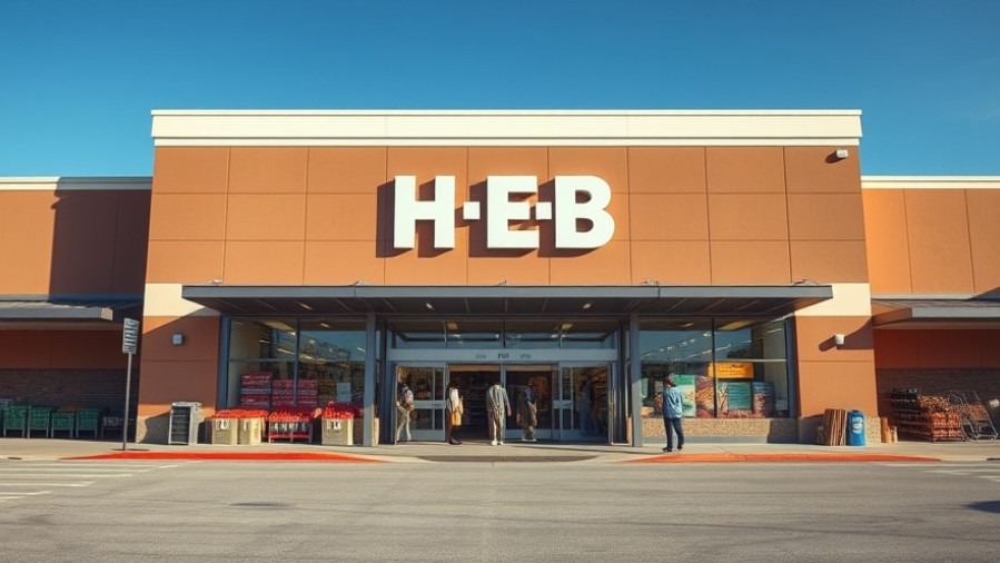 H-E-B grocery store facade in Rockwall, showcasing spacious entrance and shoppers.