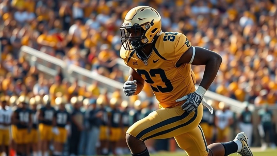Photorealistic Notre Dame football player in gold and black, showcasing college football recruitment excitement.