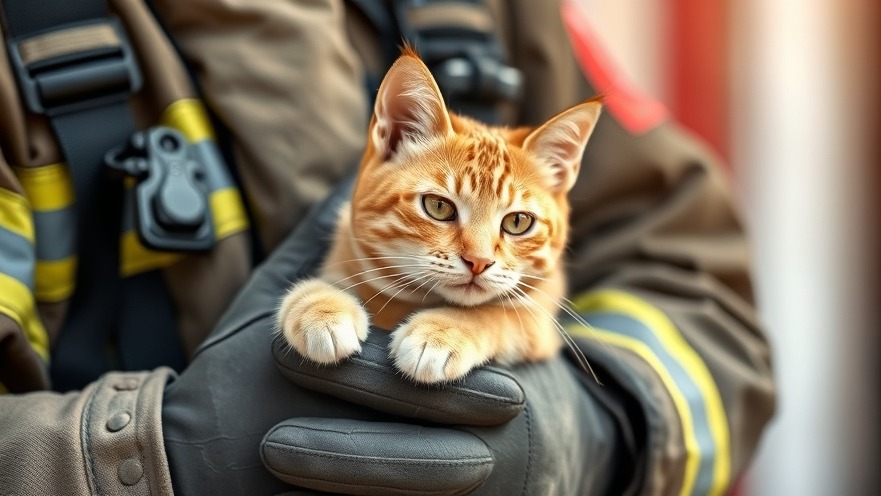 Firefighter performing animal rescue with a yellow tabby cat in San Antonio.