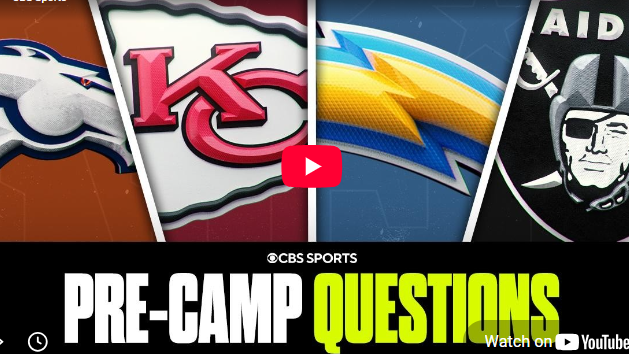 AFC West NFL training camp questions with team logos graphic