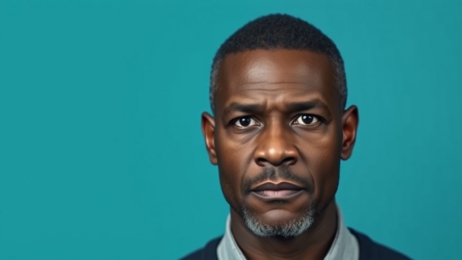 Serious black man on teal background highlighting public safety alerts and police violence trends.