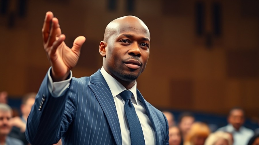 Confident bald black man in a suit speaks on diversity equity inclusion in a vibrant auditorium.