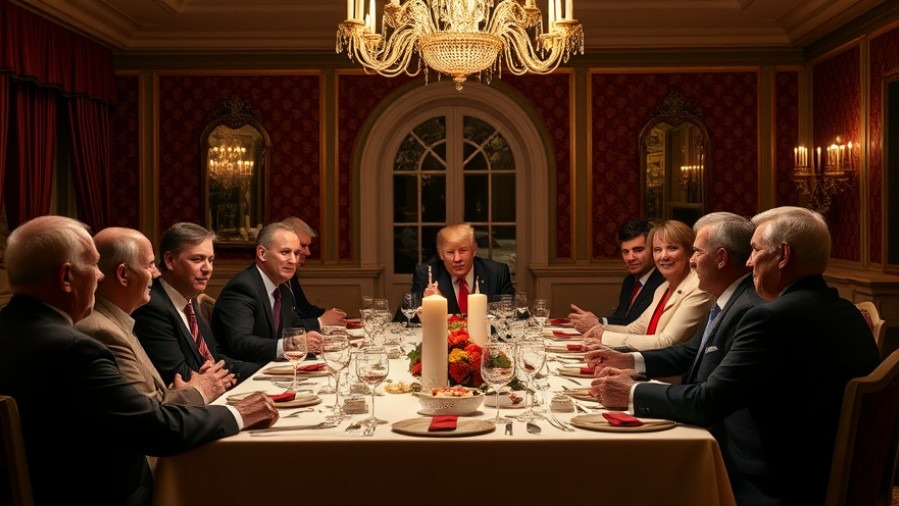 Trump dining with financial industry executives discussing national news and U.S. manufacturing investment.