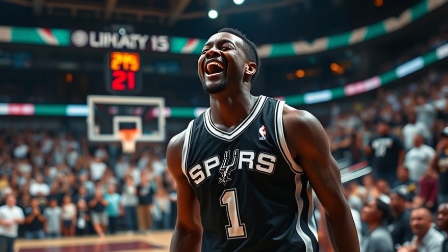 San Antonio Spurs NBA rookie celebrating in jersey #1, vibrant indoor arena.