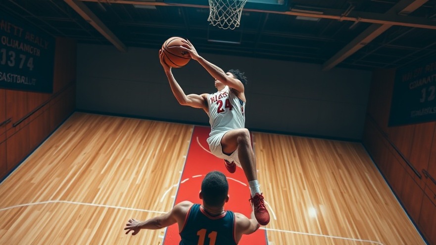 Dynamic basketball highlights of a player leaping over an opponent indoors.