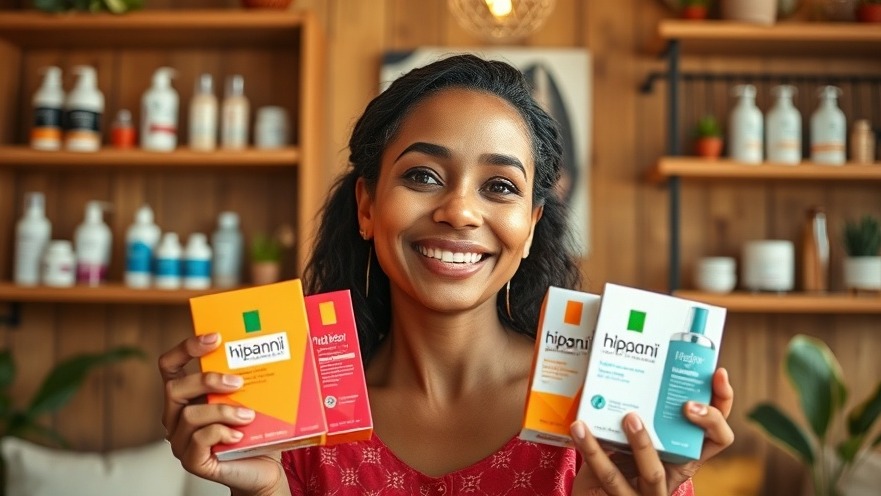 Cheerful Hispanic woman showcasing vibrant skincare boxes in a cozy San Antonio small business.