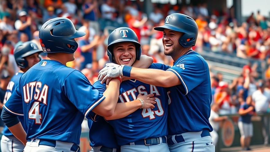 Joyful UTSA baseball players celebrate victory in vibrant outdoor stadium, San Antonio community news.