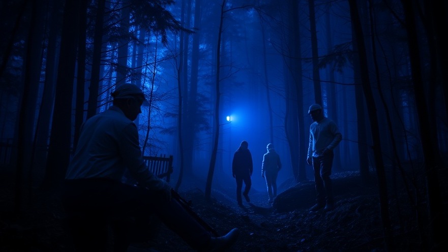 Forensic investigation team examines a dimly lit forest scene for missing persons.