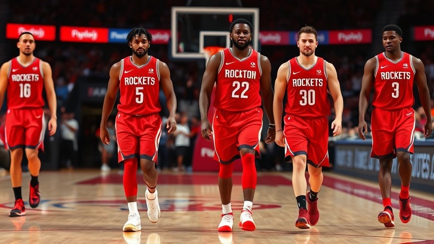Houston Rockets in red uniforms walking off the court, showcasing sports updates.