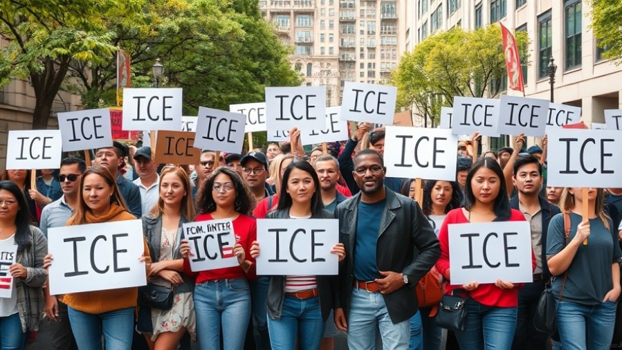 Diverse group protesting immigration reform with signs against ICE in Houston.