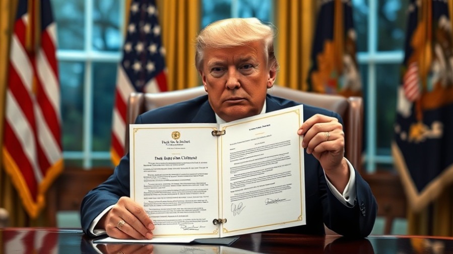 Trump in a suit, serious at his desk signing executive orders, showcasing presidential authority.
