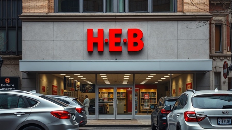 H-E-B store front with logo, cars parked, showcasing Thanksgiving hours in Houston.