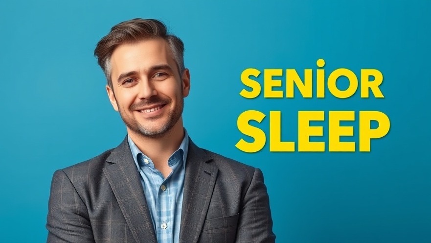 Professional man promoting natural sleep remedies for older adults against a blue background.