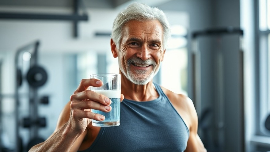 Energetic older man in gym holding water, highlighting health and wellness in Austin.