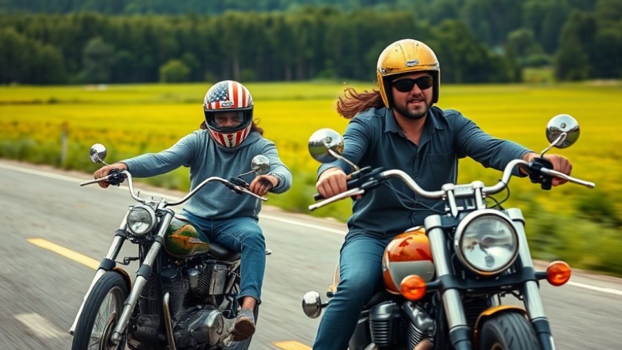 Two men on choppers embodying freedom in cinema, cruising open roads with lush backgrounds.