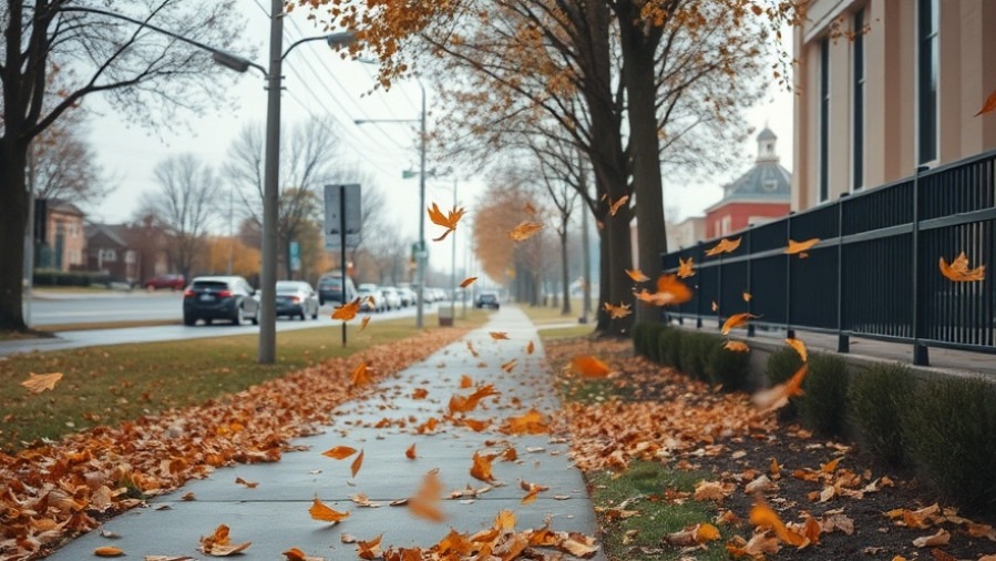 Windy day blowing leaves on sidewalk amidst Texas cold front related to fire danger in Austin.