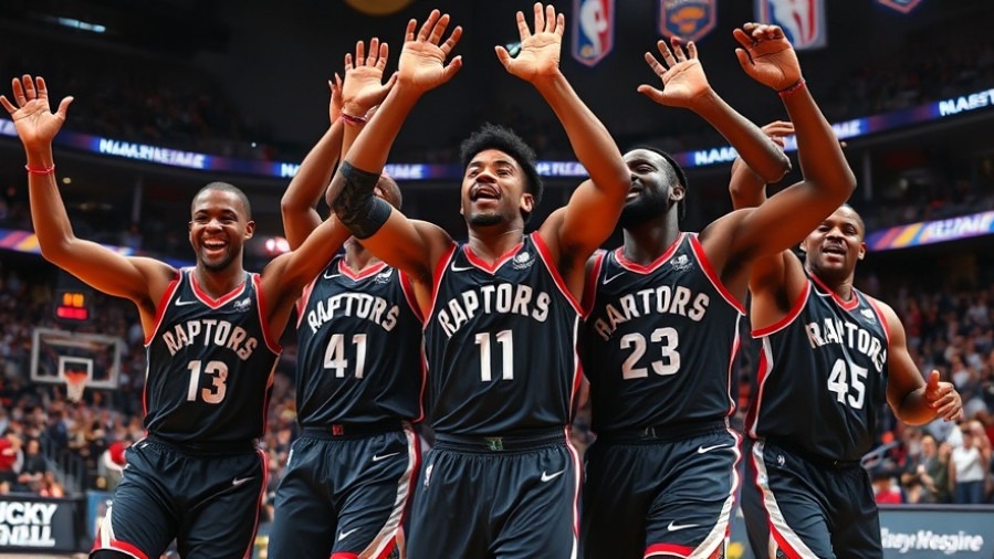 Toronto Raptors basketball highlights capture players celebrating a thrilling sports moment.