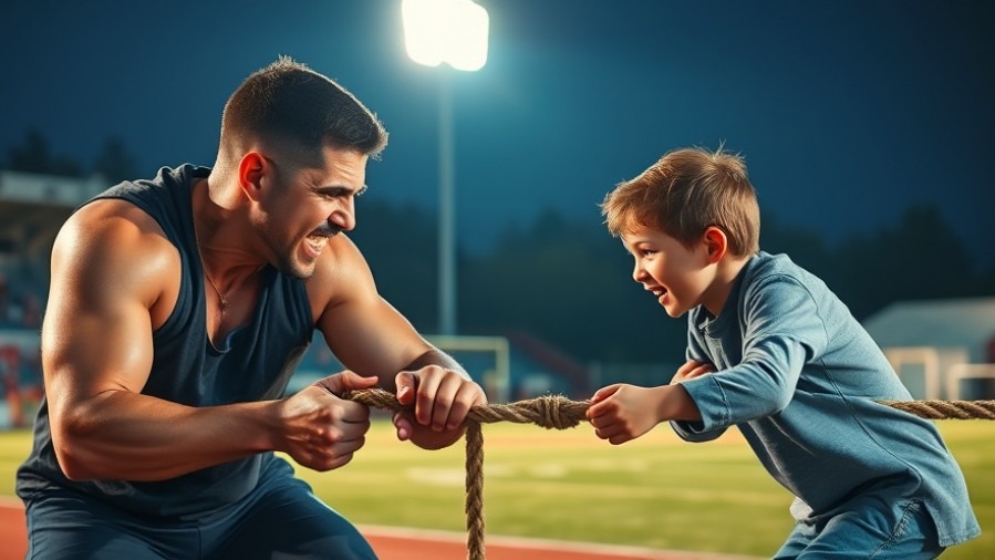 Intense tug of war between a strong man and a boy, showcasing sports engagement.
