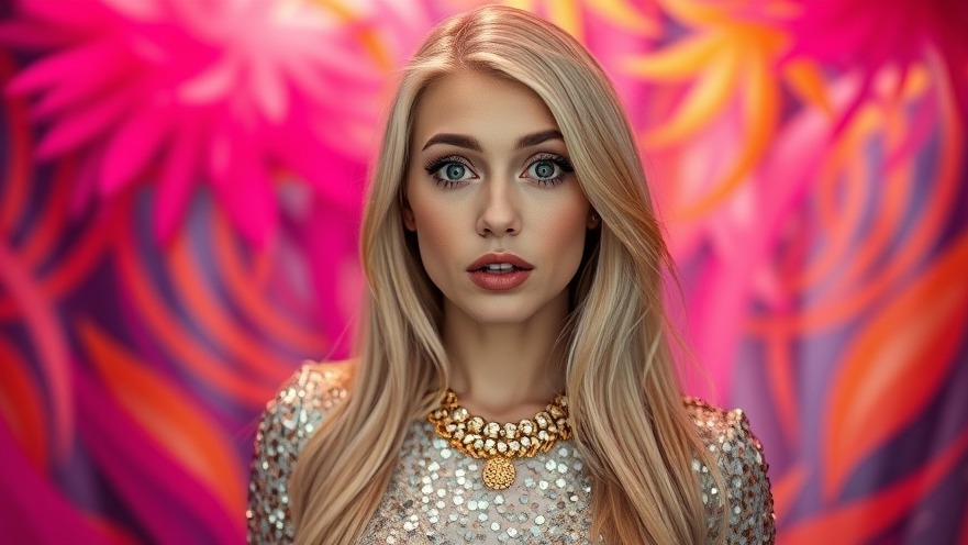Vibrant portrait of a surprised young woman in a sequined dress, embodying music industry trends and pop culture phenomenon.