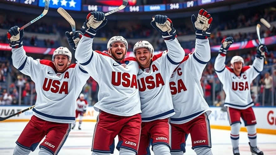 Energetic male hockey players celebrating victory, showcasing support for gender equity in sports.