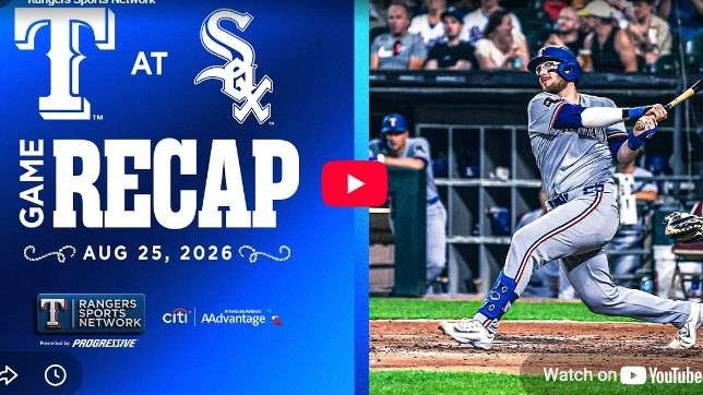 Texas Rangers vs. Chicago White Sox game recap with player swinging bat in action.