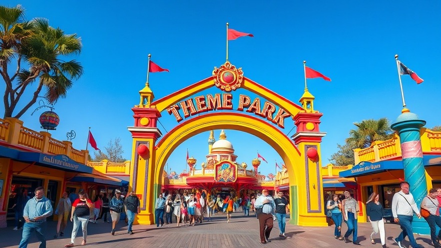 Vibrant theme park entrance, showcasing local economy San Antonio on a sunny day.