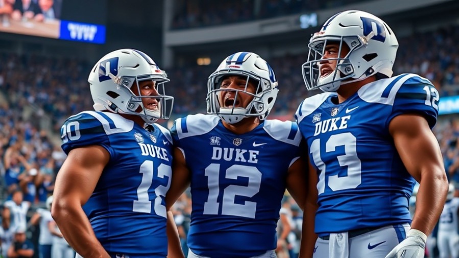 Duke football players celebrating victory, showcasing intense team spirit in vibrant stadium.