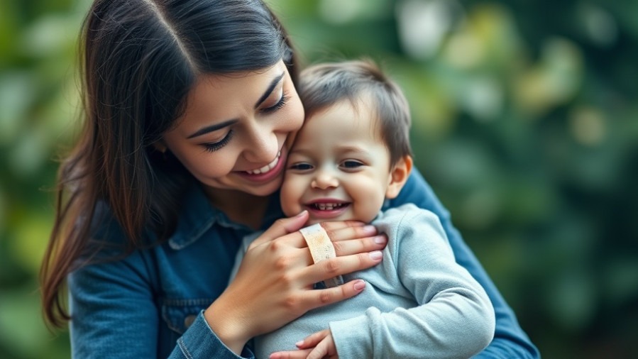 Happy parent nurturing child with bandage, embodying health and wellness.