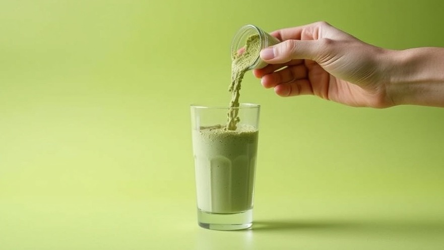 Hand pouring green protein powder into water, promoting a healthy lifestyle.