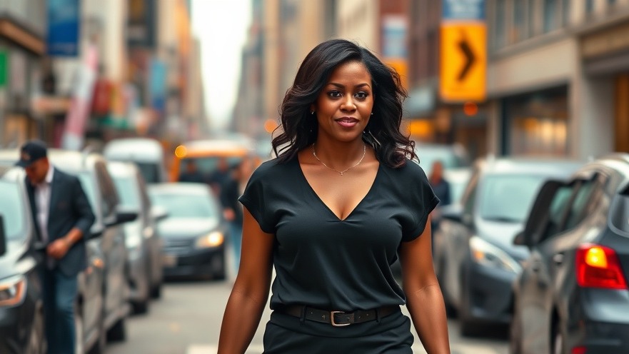 Michelle Obama confidently walks in dark attire on a busy urban street, capturing the latest celebrity news today.