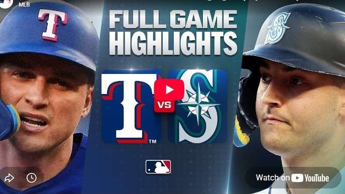 Rangers vs Mariners game highlights with player close-ups and logos.