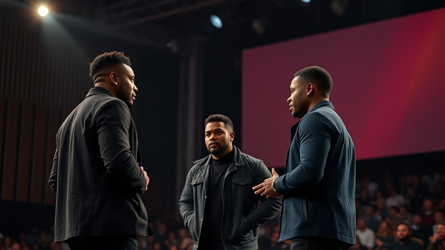 Three individuals discuss Dallas crime news on stage, spotlighted in a dynamic indoor event.