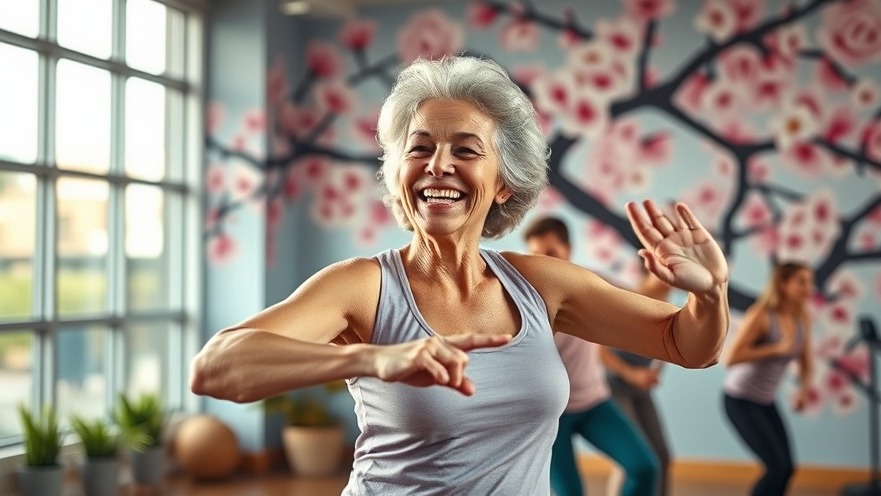 Energetic older woman exercising as part of daily wellness routines, vibrant setting