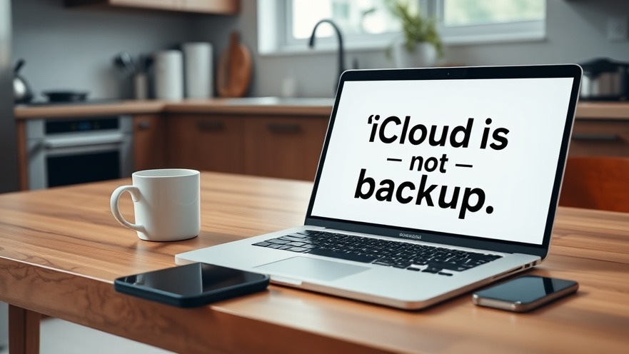 Modern laptop on wooden desk with 'iCloud is not a backup' text, highlighting cloud data protection.