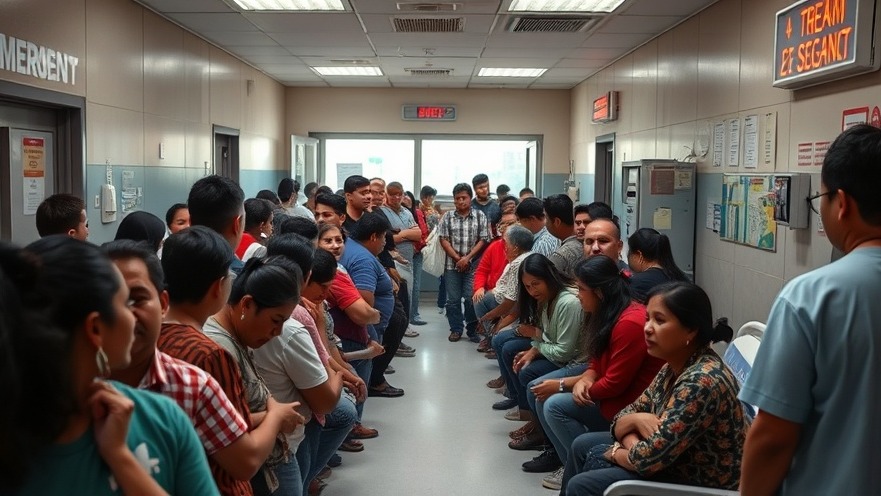 Crowd of Hispanic patients in Texas hospital ER, highlighting healthcare cost for undocumented patients.