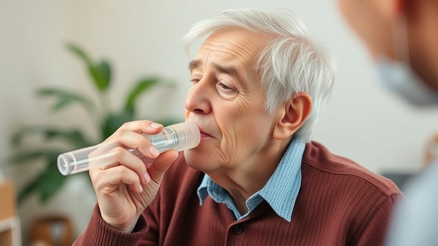 Older man using a tube for lung capacity test, promoting healthy lifestyle medicine.