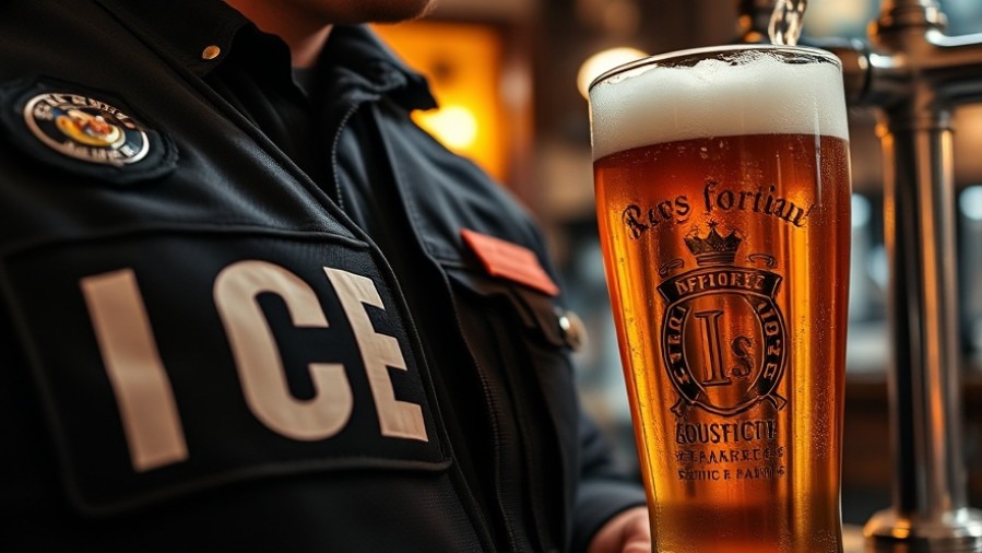 Close-up of an ICE officer's vest in a bar, highlighting immigration enforcement amid community reactions.